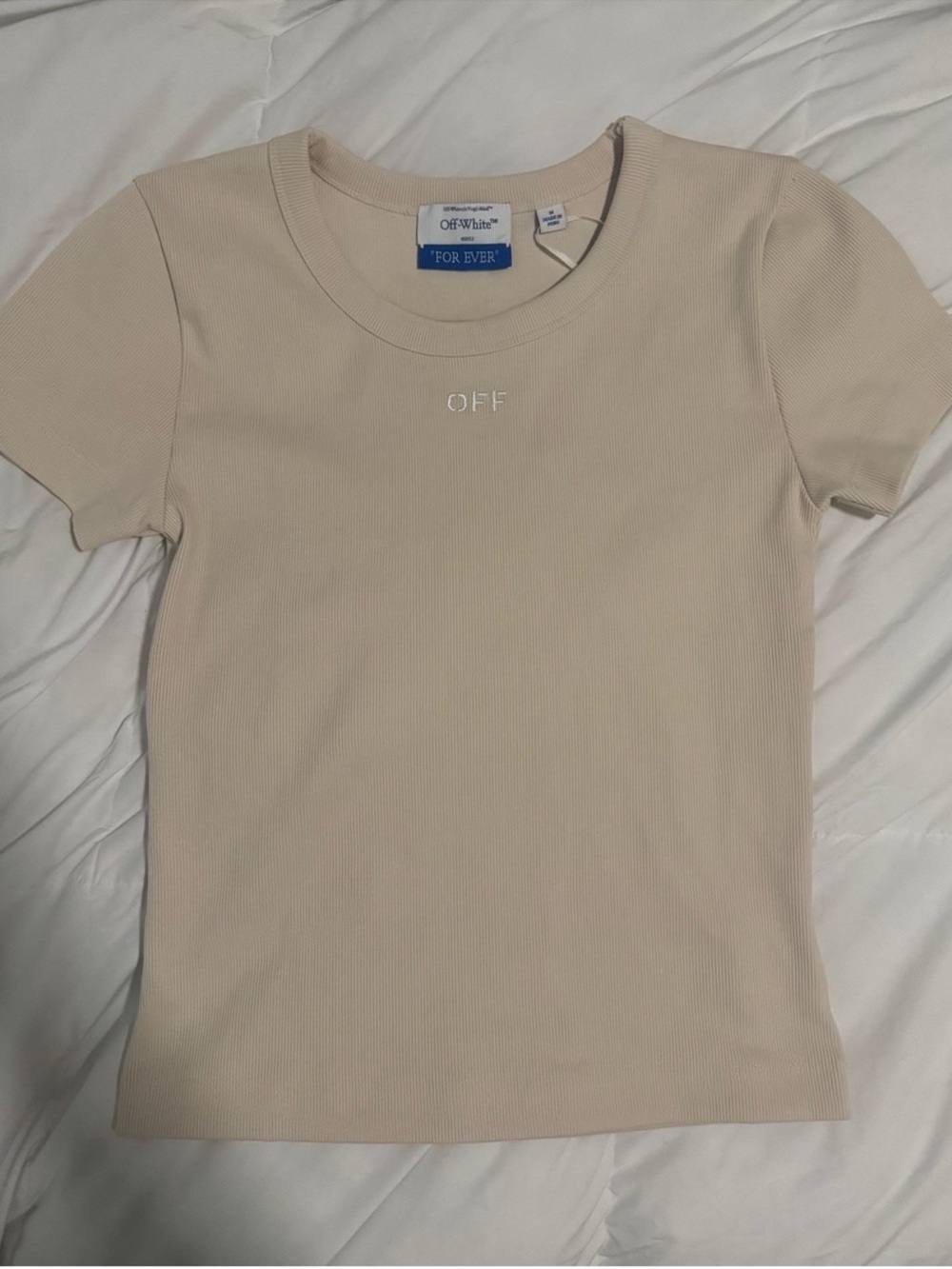 Off-White Cream Ribbed Short Sleeve Ribbed Tee - Picture 4 of 7